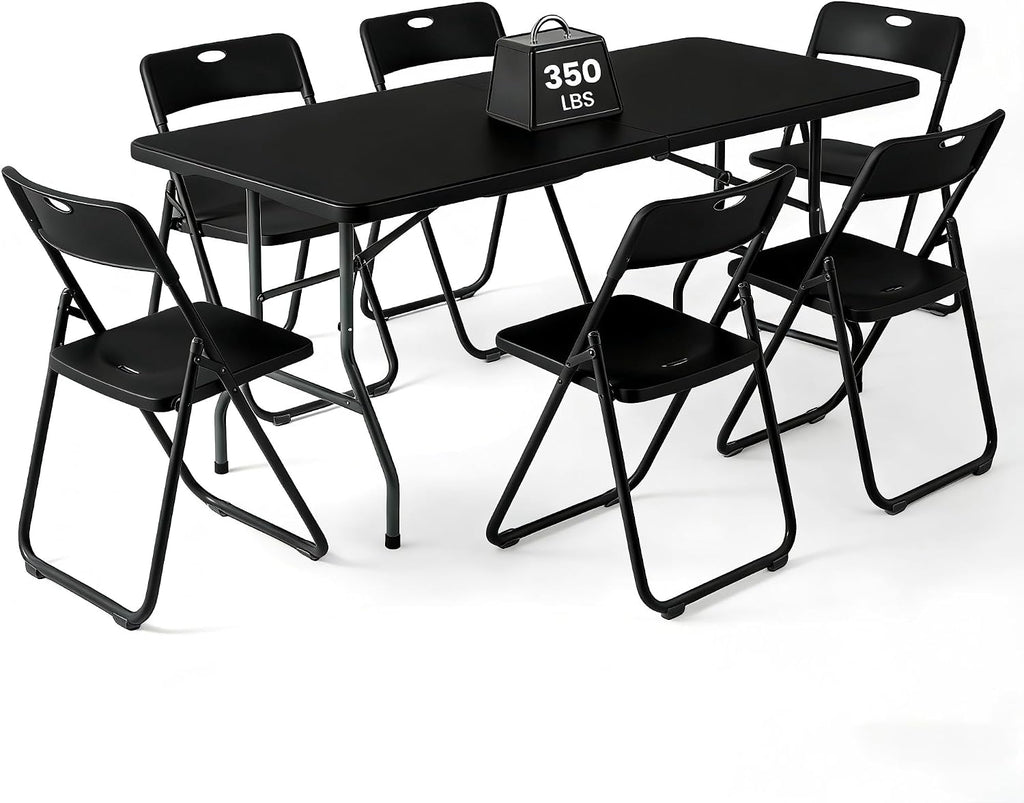 6FT Foldable Table Set with 6 Pack Plastic Folding Chairs, Heavy Duty 350 lbs Folding Table & Folding Chairs