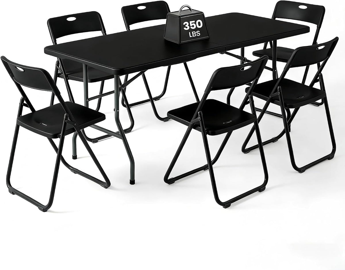 6FT Foldable Table Set with 6 Pack Plastic Folding Chairs, Heavy Duty 350 lbs Folding Table & Folding Chairs