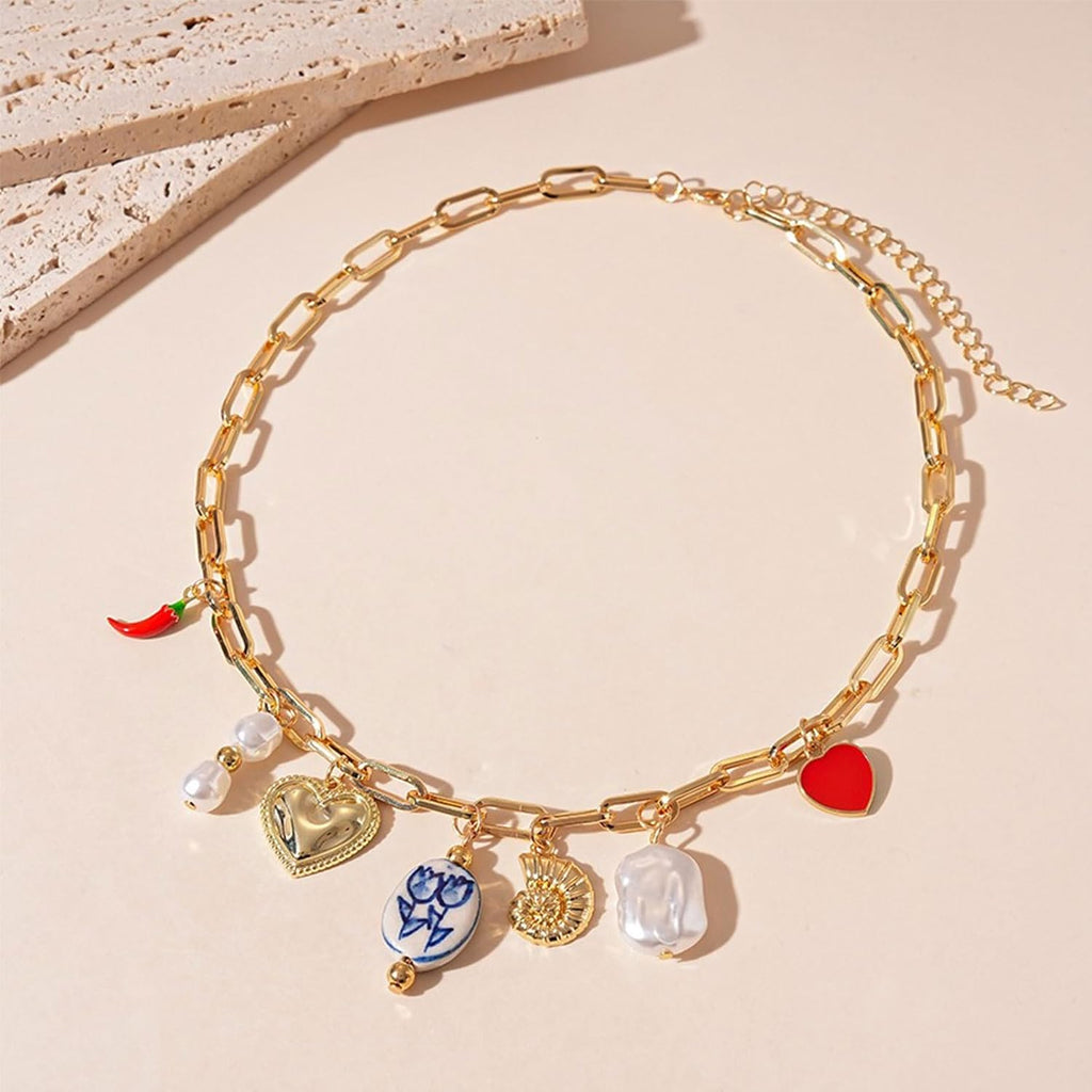 Chunky Gold Charm Necklace for Women White Pearl Choker Necklace Head Portrait Square Pendant Necklace Boho Charm