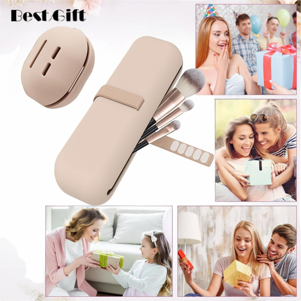 2-in-1 Silicone Makeup Brush Holder Travel Case, Khaki