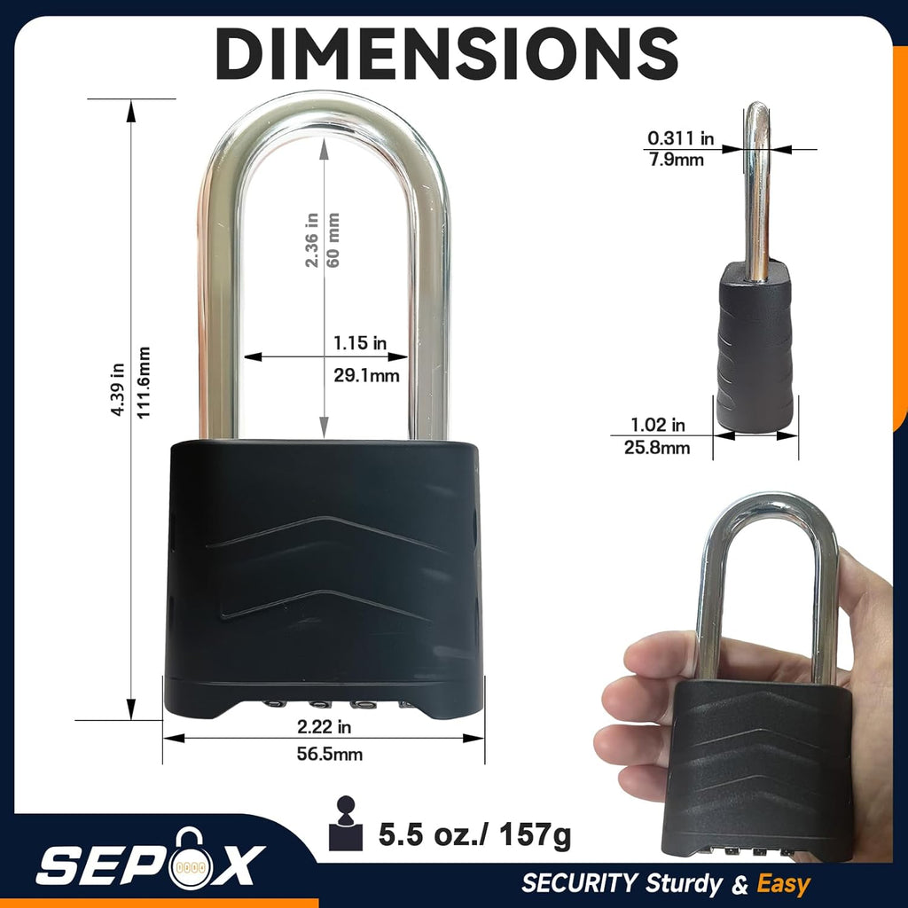 Combination Padlock Bundle – 2 Extra Long Shackle + 4 55mm Weatherproof Uncuttable for Home/Warehouse