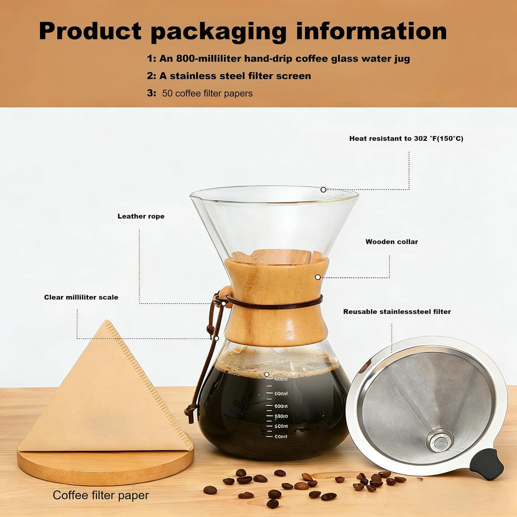 Pour Over Coffee Maker, 8 Cup Borosilicate Glass Pour Over Coffee Dripper with Reusable Stainless Steel Filter