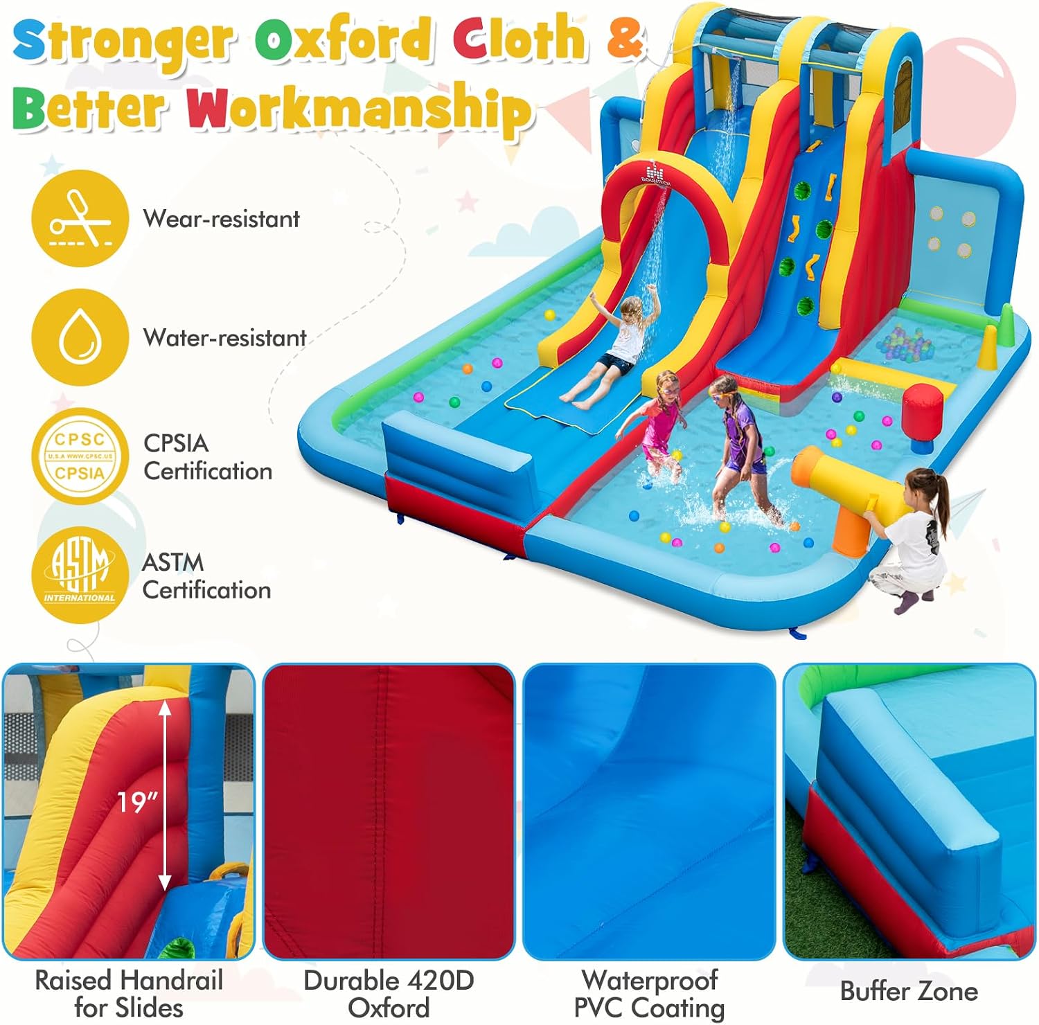 Inflatable Water Slide, 14 x13FT Kids Mega Waterslide Park w/Super Long Slide for Racing Fun, Ball Pit & Ring-toss
