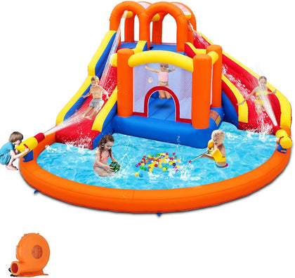 2026 Upgraded 14.2x12.8FT Giant Inflatable Water Park, Bounce House with 2 Long Water Slides (Straight & Curved), 2