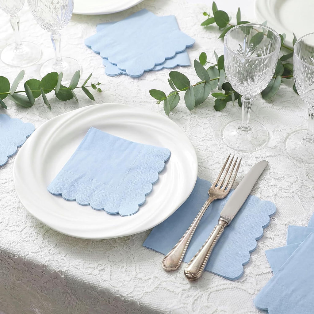120 Pcs Cocktail Napkins Light Blue Napkins Scalloped, 5 Inch