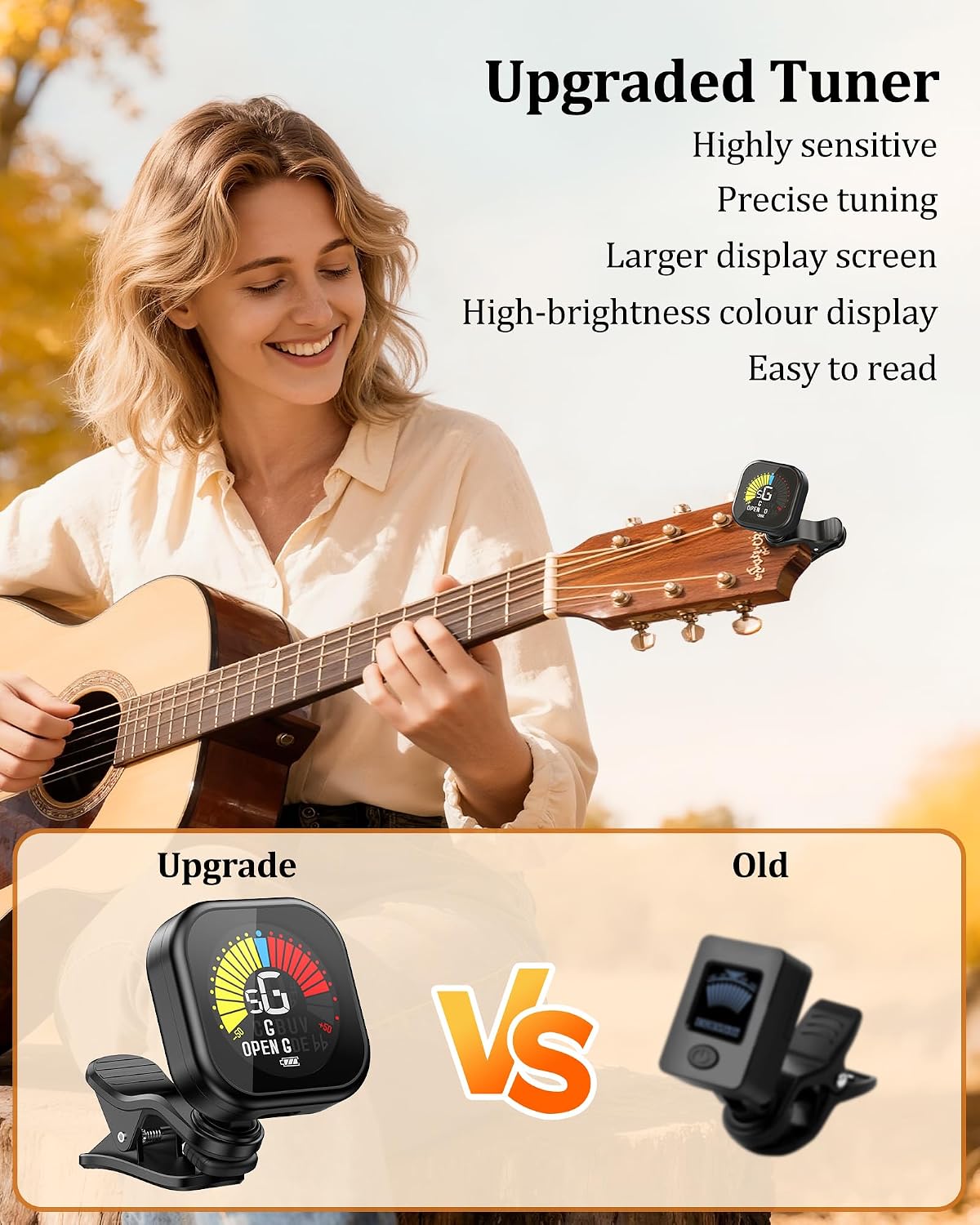 Guitar Tuner Clip-On Rechargeable with Color Screen 360° Rotatable Acoustic Chromatic Open Tuning for Guitar, Bass