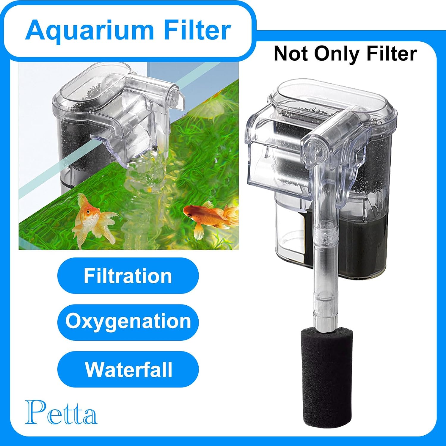 Slim Aquarium Filter,Quiet Hang on Back Fish Tank Filter for 3-10 Gal Aquariums with 1 Pre-Filter Sponge ，Adjustable