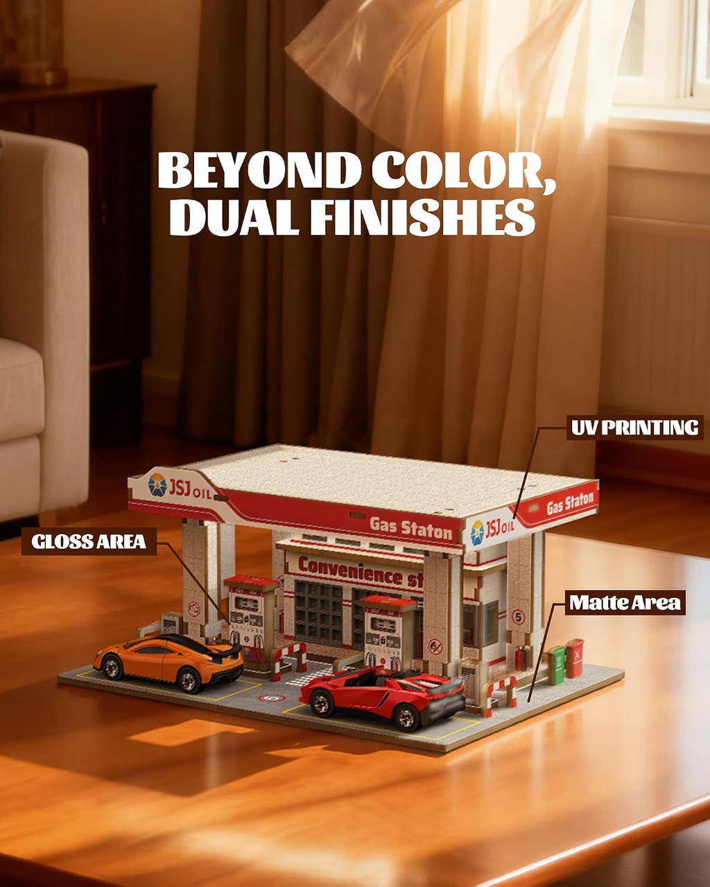1/64 Wooden Diorama Display for Hot Wheels with LED, Holds 2 Cars | Diecast Model Car Garage for Hot Wheel Matchbox