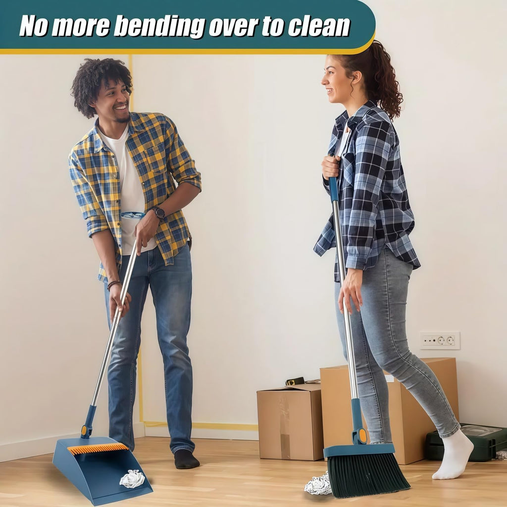 Broom and Dustpan Set, Long Handle Standing Broom with Self-Cleaning Comb Teeth, Heavy Duty Broom Dustpan Combo for