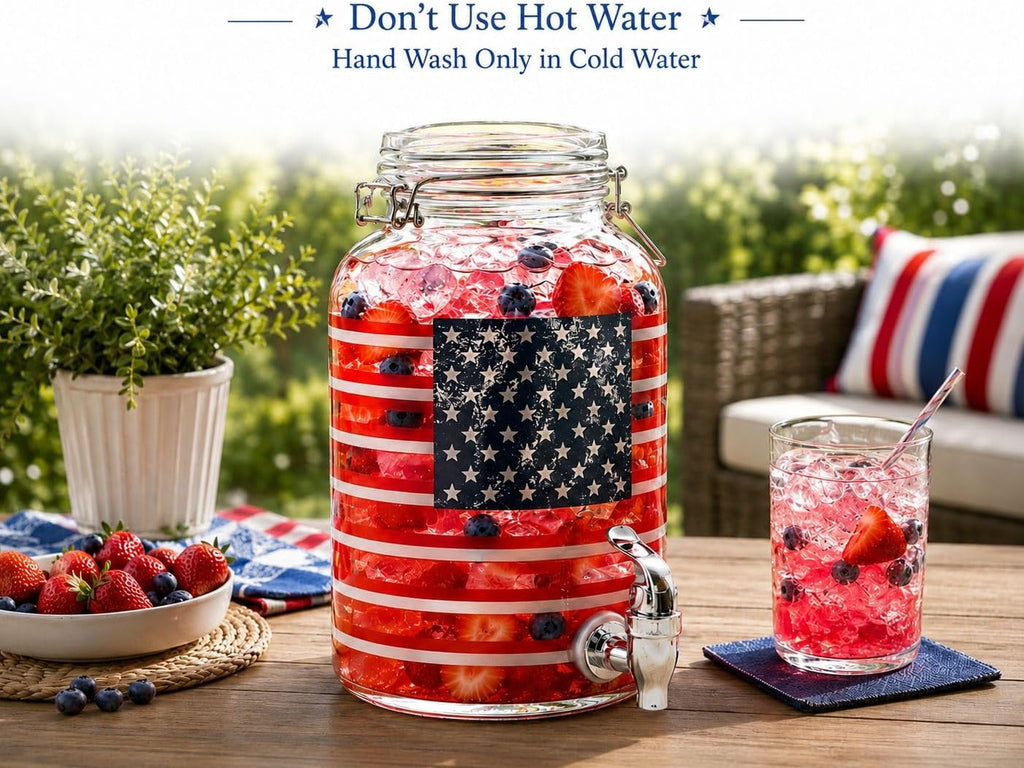 Drink Dispenser, Glass Beverage Dispenser Set (USA Flag-1 Gallon)