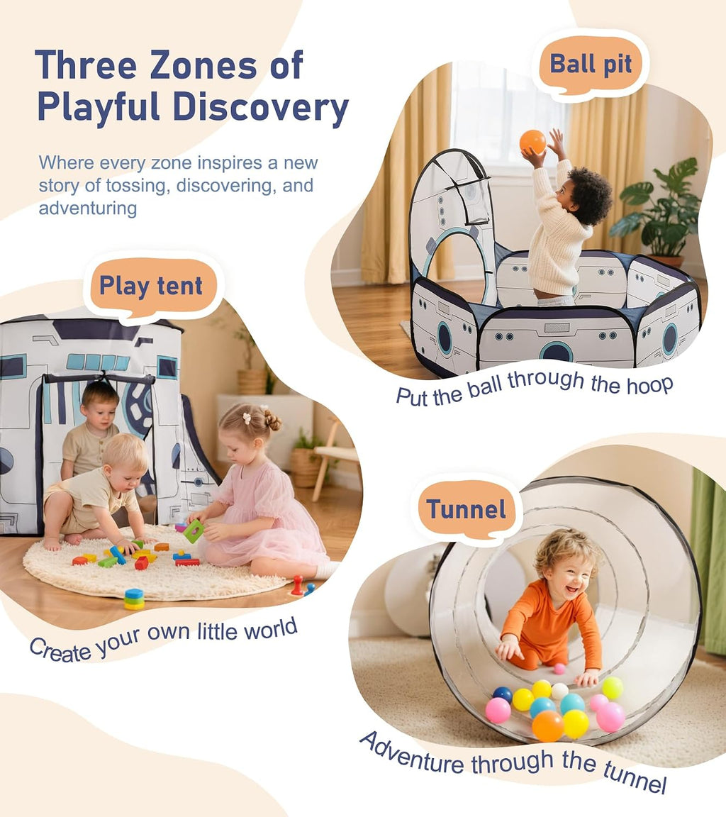 Kids Play Tent with Tunnel & Ball Pit, 3-Piece Pop Up Rocket Ship Tent Set, Indoor Outdoor Playhouse for Boys &