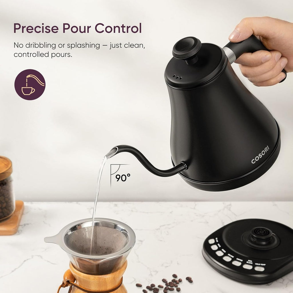 Gooseneck Electric Kettle with Temperature Control, 0.8L, Black | No Plastic Contact with Water, 5 Presets, 60-Min