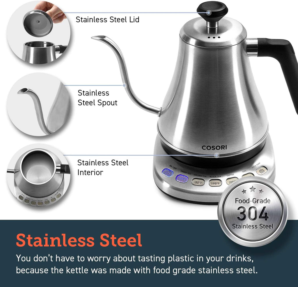 Gooseneck Electric Kettle with Temperature Control, 0.8L, Silver | No Plastic Contact with Water, 5 Presets, 60-Min
