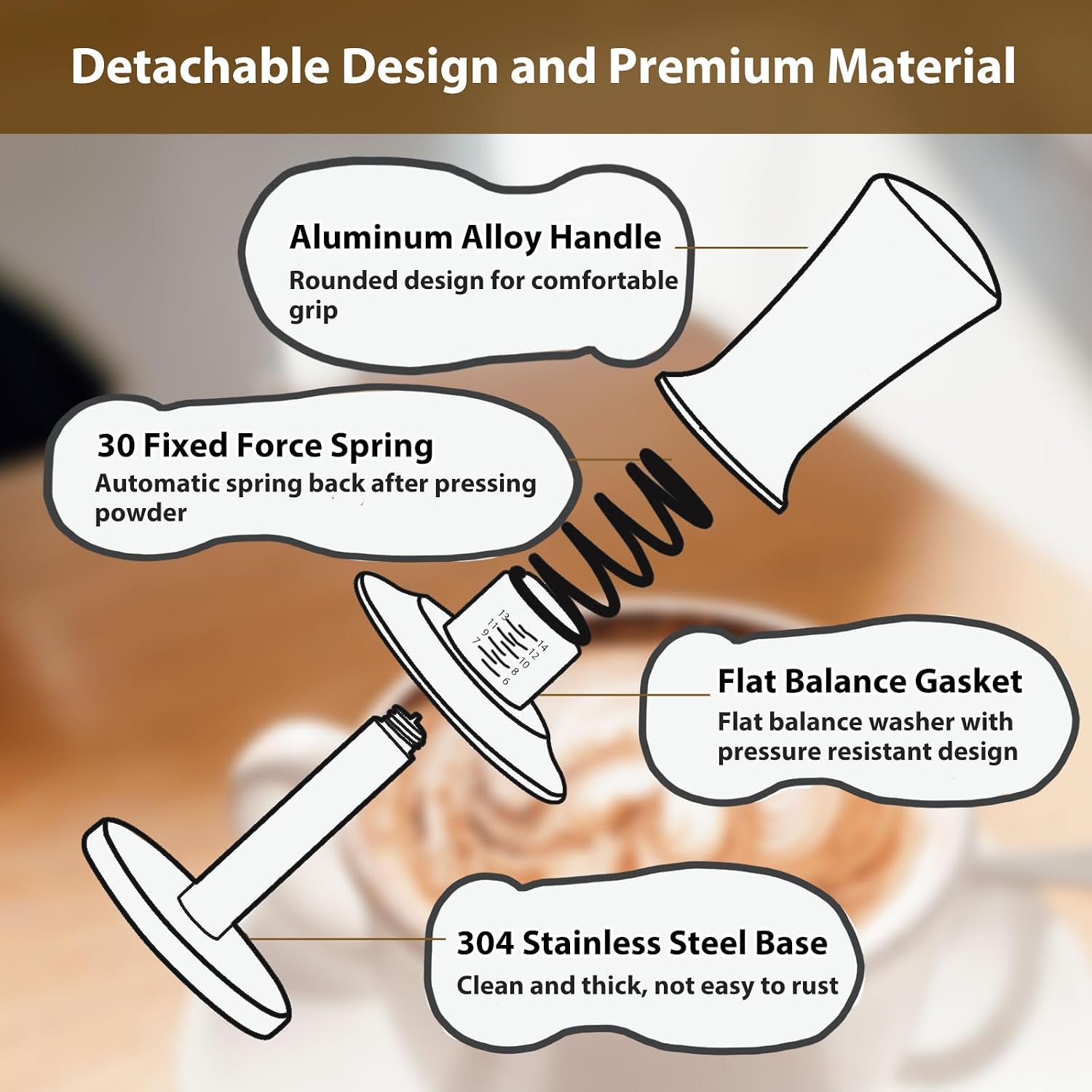 51mm Spring Loaded Depth Adjustable Espresso Tamper for Portafilter | Spring Loaded Mechanism, Depth Adjustable Knob