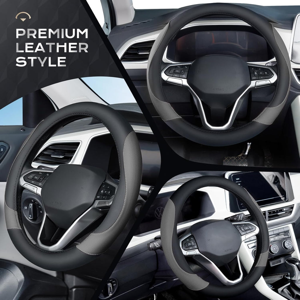 Car Steering Wheel Cover, Nappa Leather Black & Gray Steering Wheel Covers, Universal 14-15 inch, Anti-Slip