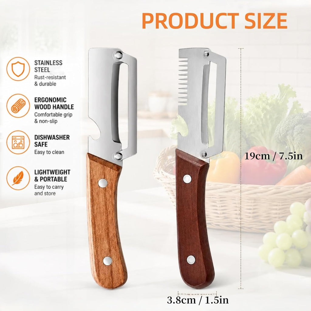 3-in-1 Vegetable Peeler with Scallion Shredder & Bottle Opener – Wide Stainless Steel Blade, Wooden Handle Julienne