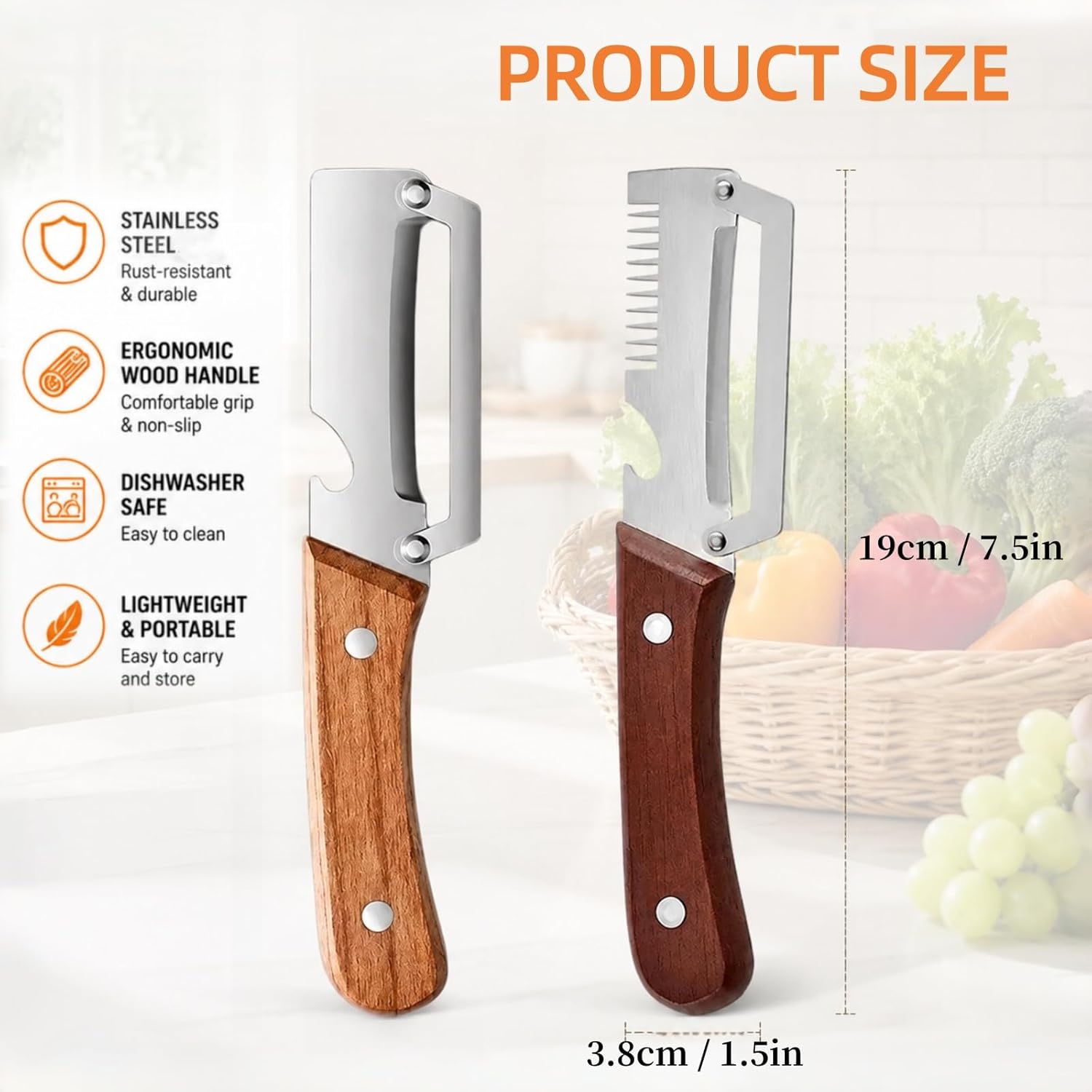 3-in-1 Vegetable Peeler with Scallion Shredder & Bottle Opener – Wide Stainless Steel Blade, Wooden Handle Julienne