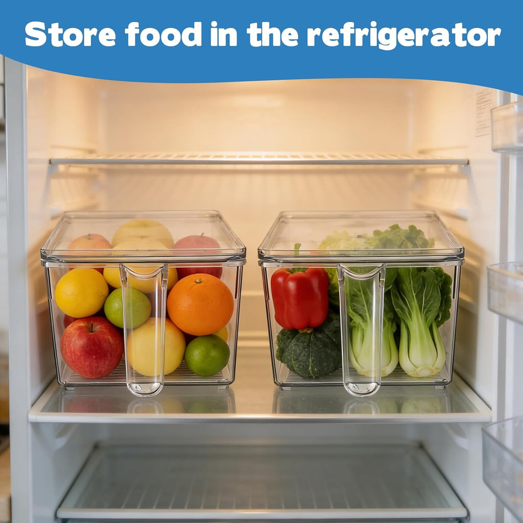 2 Set Ice Bin for Freezer with Lid and 2 Scoop Set Plastic Freezer Ice Bin with Pull-Out Handle Clear Storage Bucket