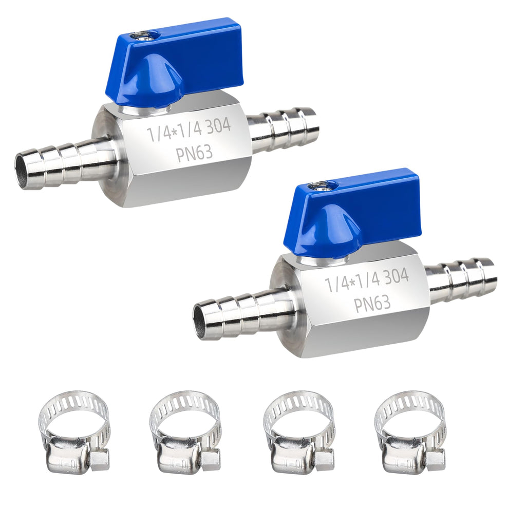NUTAKI 1/4" Barb Shut Off Valve, 304 Stainless Steel, 4 Clamps, 2-Pack