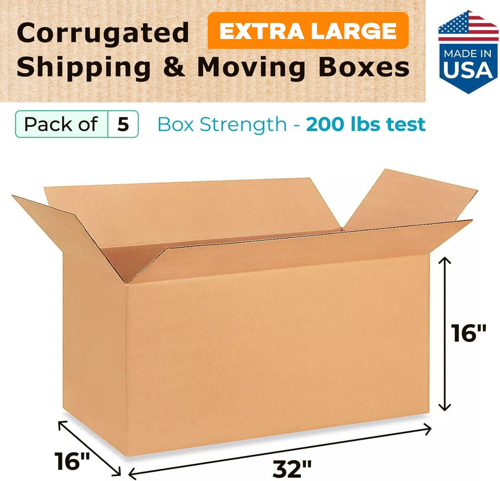 Extra Large Shipping & Moving Boxes 32 x 16 x 16 inches (5-Pack) - Extra Strength 200 lb vs Regular - Corrugated