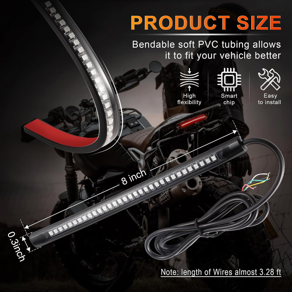 LivTee Universal 8" Flexible LED Light Strip with Tail Brake Stop Turn Signal Lights All-in-one for Motorcycle Scooter Quad Cruiser Off Road, Red/Amber