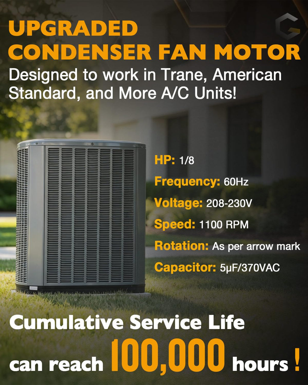 Condenser Fan Motor, AC Fan Motor, Fit for Trane American Standard, 1/8 HP
