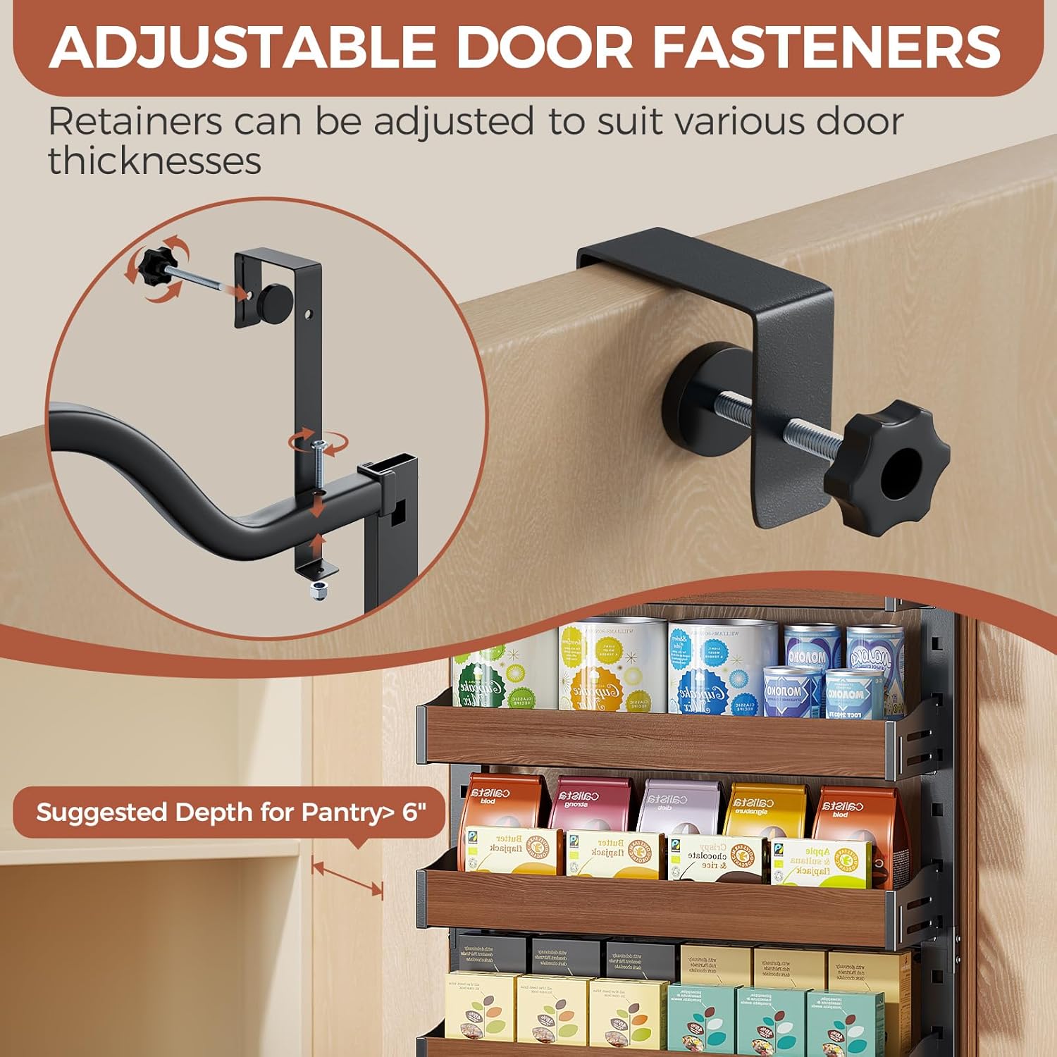 8-Tier Pantry Door Organizer, Over the Door Pantry Organizer with Wooden Adjustable Baskets, 2 IN 1 Spice Rack Wall