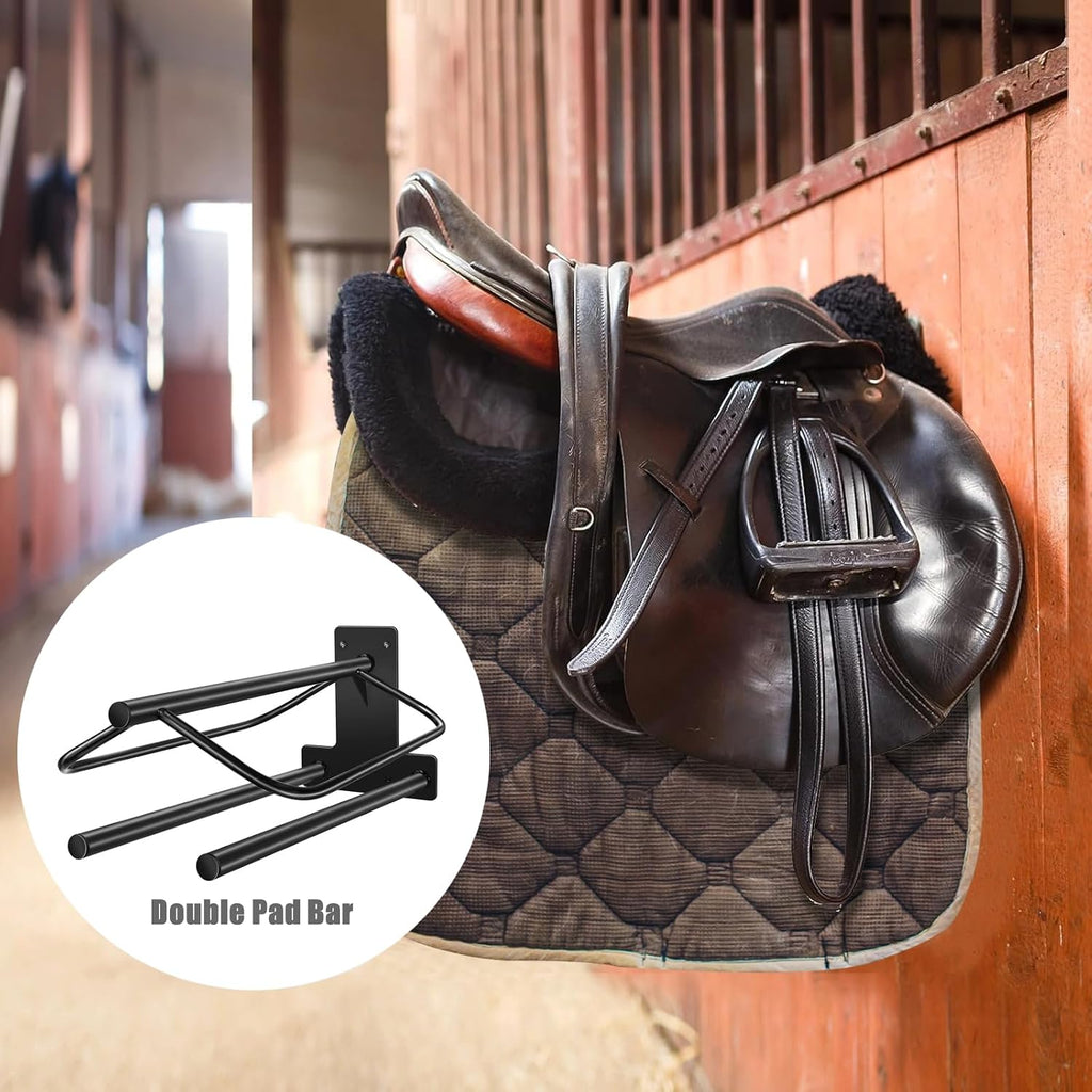 4 Sets Wall Mounted Saddle Rack With Double Pad Bar - Heavy Duty Stand for English and Western Saddles