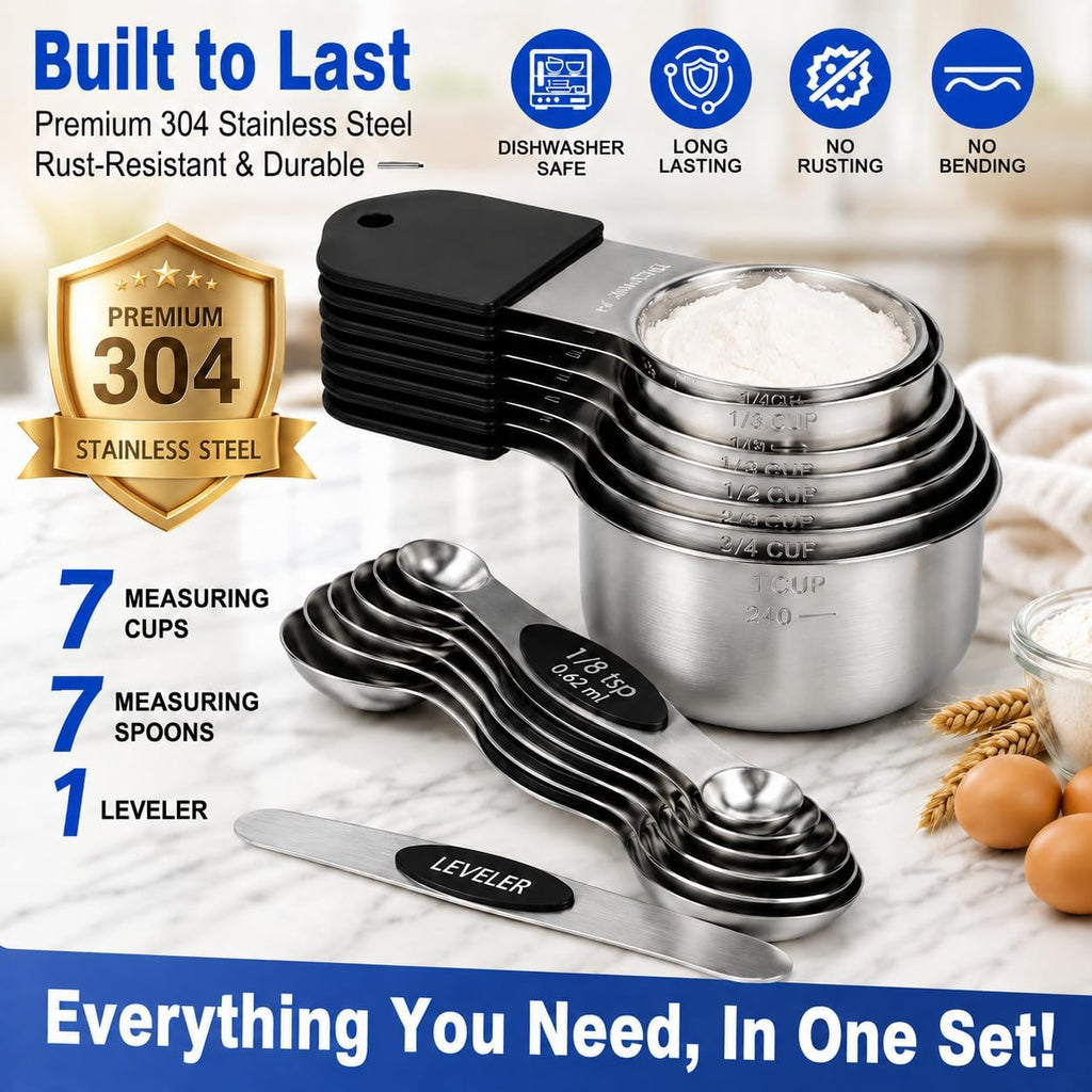 Magnetic Measuring Cups and Spoons Set, Strong N52 Magnets, Heavy Duty 304 Stainless Steel Fits in Spice Jars for