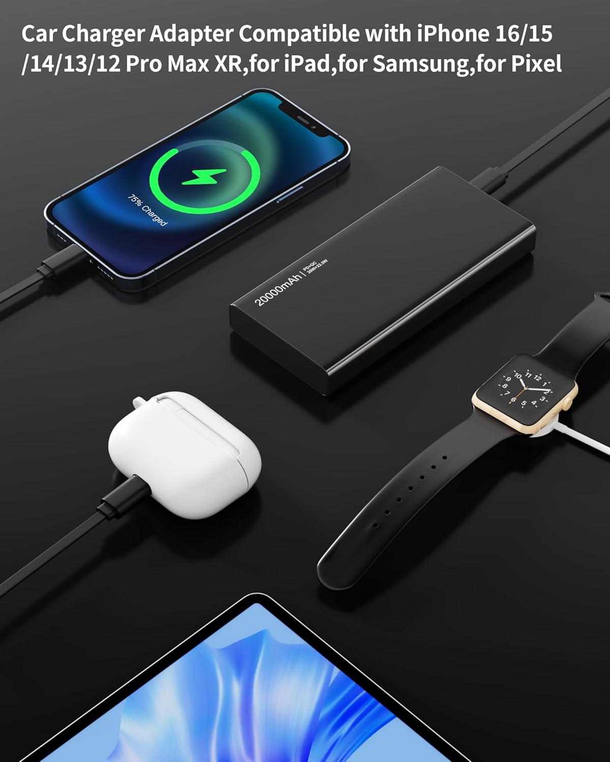 Retractable Car Charger, 4 in 1 Fast Charging Car Charger with USB-C & USB-A, Compatible with iPhone
