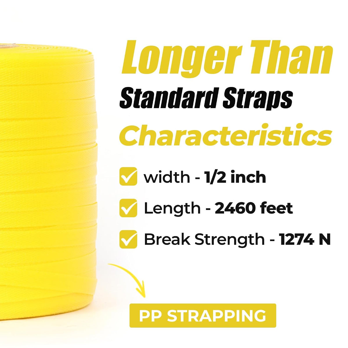 Polypropylene Strapping Kit U.S. Solid 1/2 in x 2460 ft Yellow PP Banding Roll with 100 Plastic Buckles, 1274 N Break