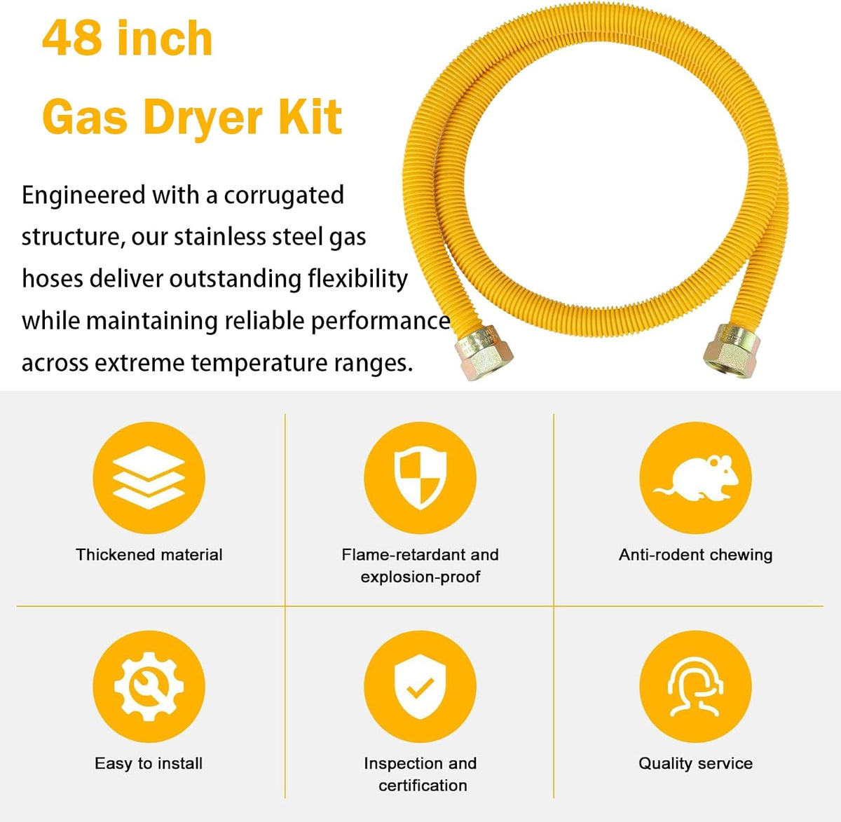 48" Flexible Gas Line Kit for Dryer/Stove,5/8" OD x 3/4" & 1/2" Connectors