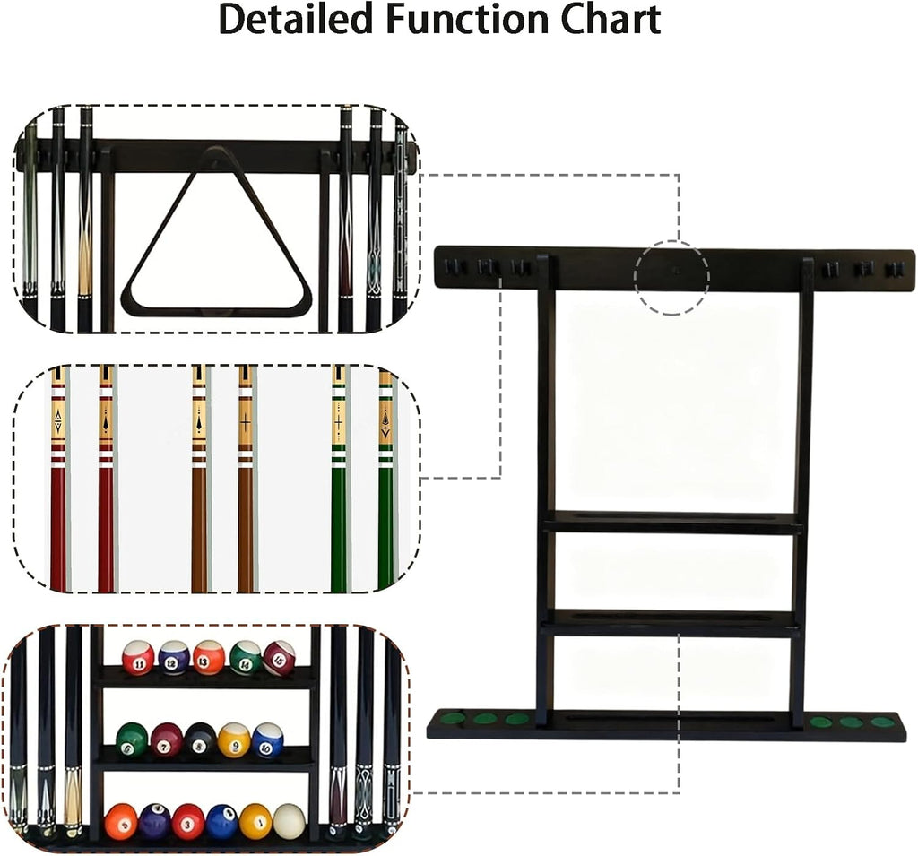 Pool Stick Holder Wall Mounted Pool Cue RackSolid Wood Billiard Stick Holder with Accessory Shelf, Heavy Duty Game
