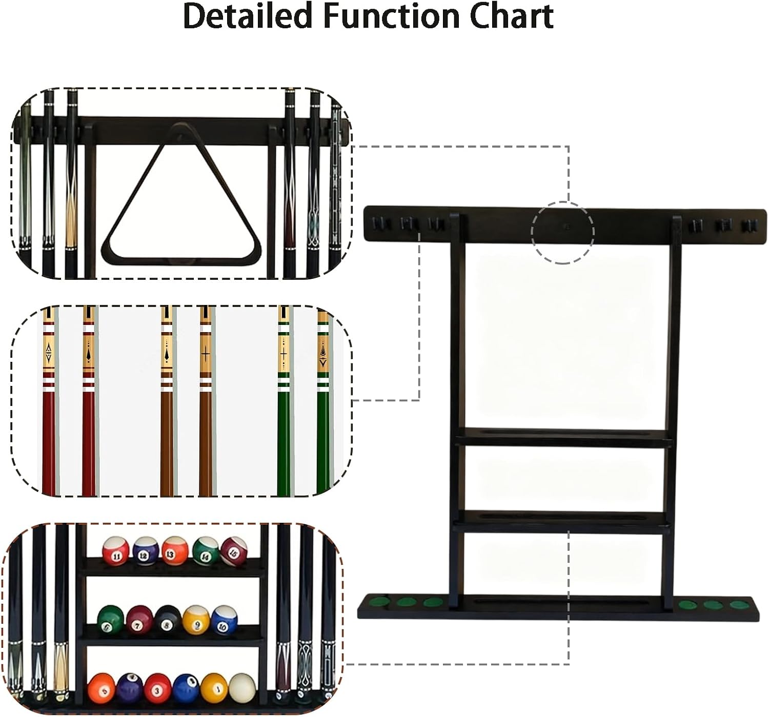 Pool Stick Holder Wall Mounted Pool Cue RackSolid Wood Billiard Stick Holder with Accessory Shelf, Heavy Duty Game