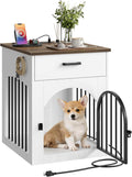 Dog Crate Furniture, Wooden Dog Kennel with Charging Station and Storage Drawer, Indoor Pet Crate End Table for Small