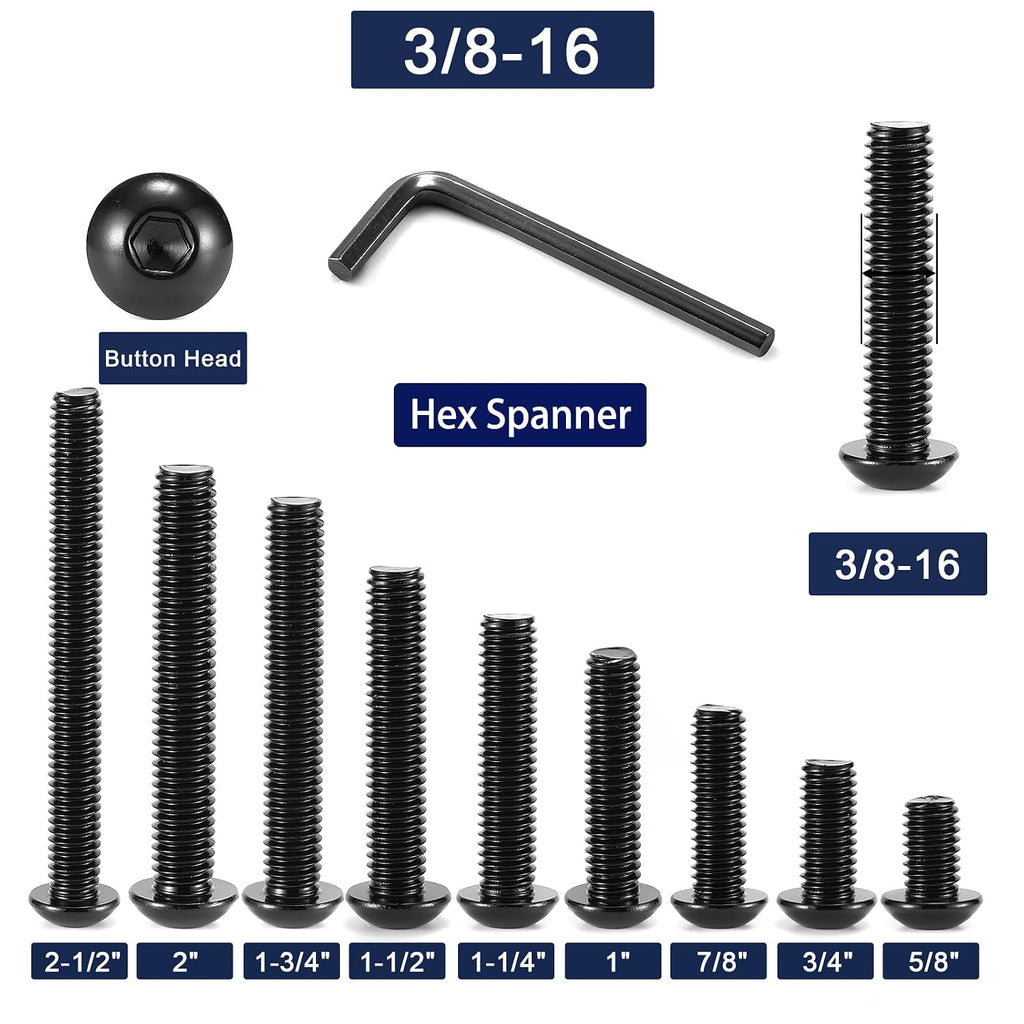 3/8-16 x 1/2" Button Head Socket Cap Bolts Screws, 20Pcs 304 Stainless Steel 18-8, Allen Hex Drive, Black Oxide by SG TZH(with Hex Spanner)
