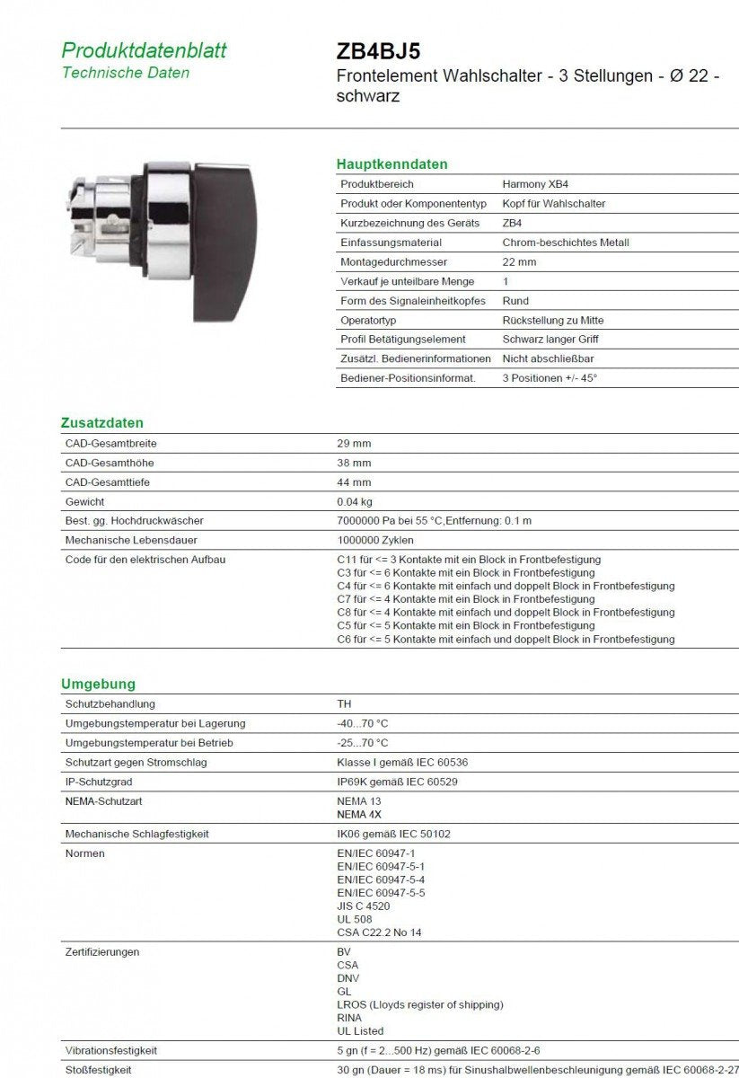 Schneider Electric, Harmony, ZB4BJ5, Black Selector Switch Head Ø22, 3-Position Spring Return