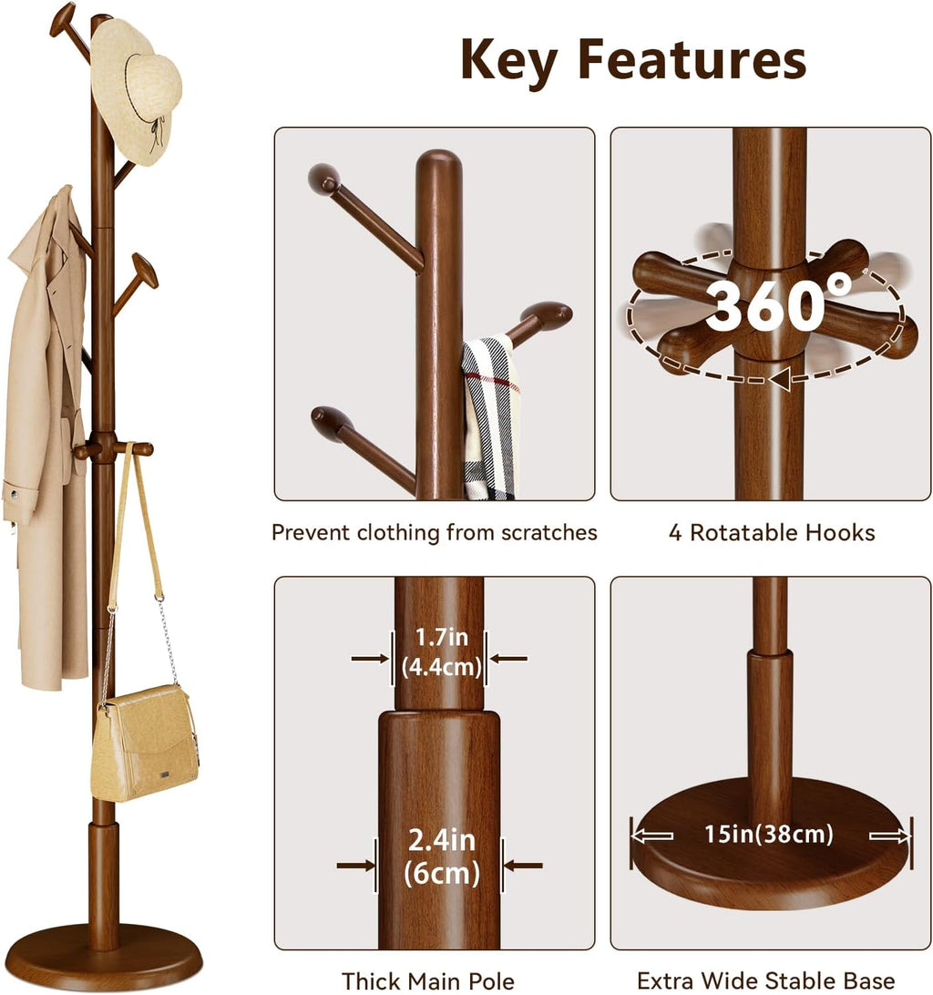 Solid Wood Coat Rack Freestanding Coat Tree with 10 Hooks for Bedroom, Livingroom, Entryway, Sturdy Coat Hanger Stand
