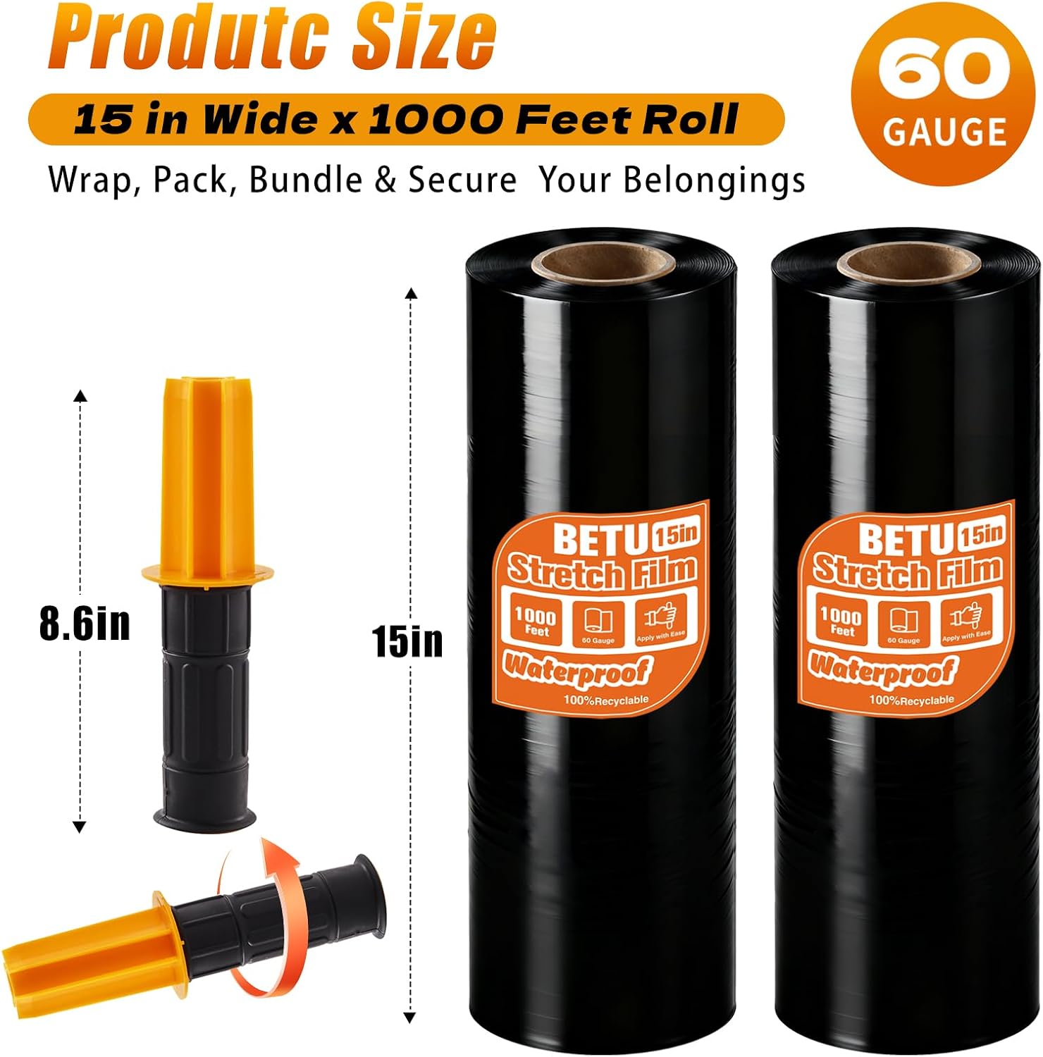 Black Stretch Wrap Shrink Film for Moving Supplies (15inch, 2 Pack) x 1000ft, Industrial Strength Plastic Wrap