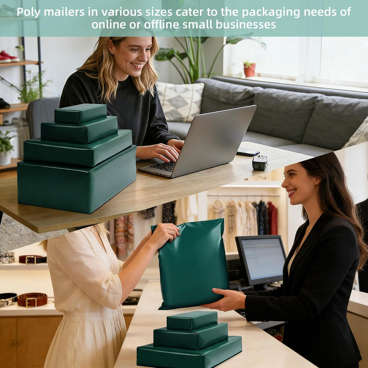 100 Pack Green Poly Mailers Variety Pack, 6x9&10x13&12x15.5&14.5x19