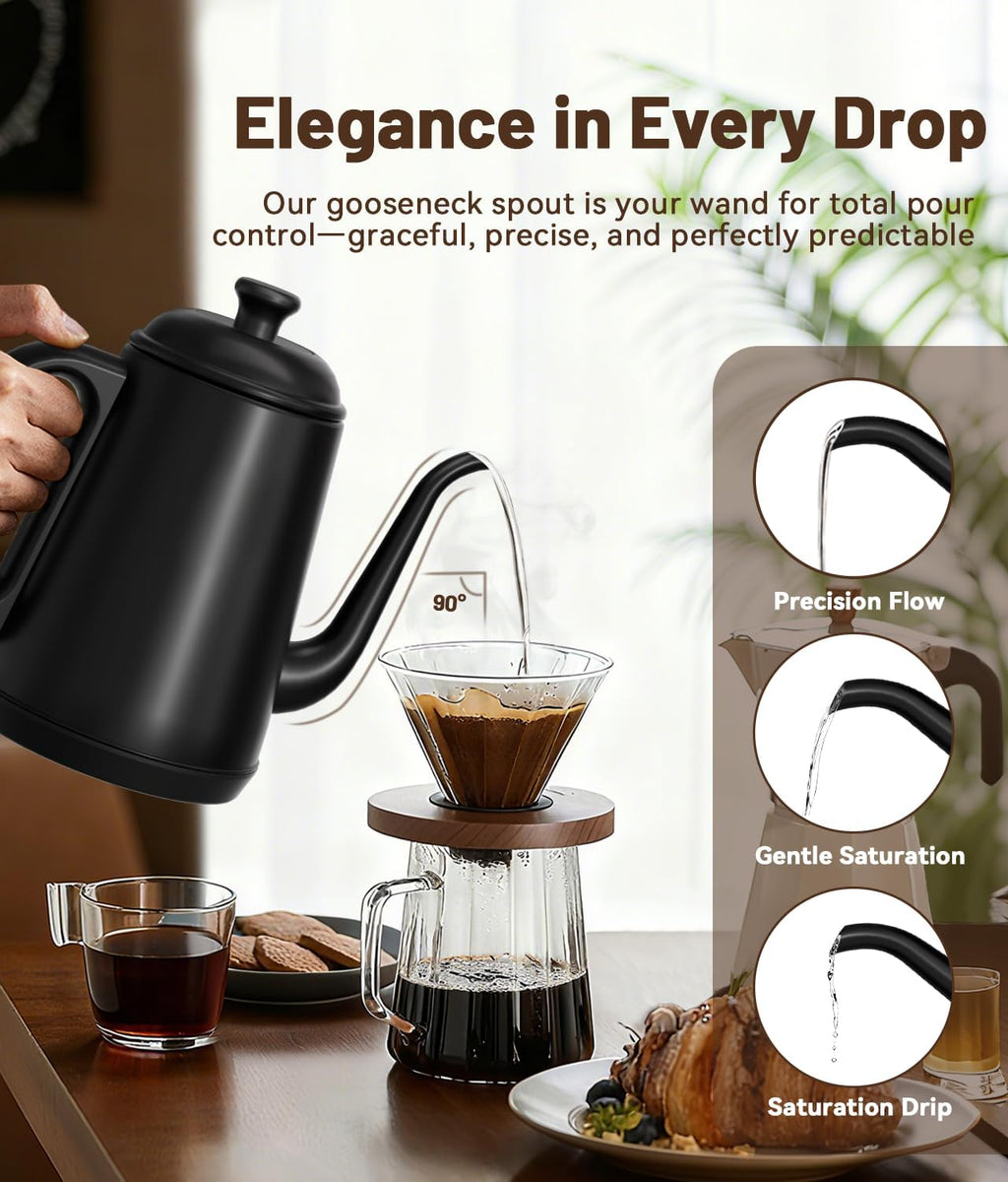 1L Gooseneck Electric Kettle for Pour Over Coffee & Tea | 1000W Fast Heating, Food-Grade Stainless Steel, Auto