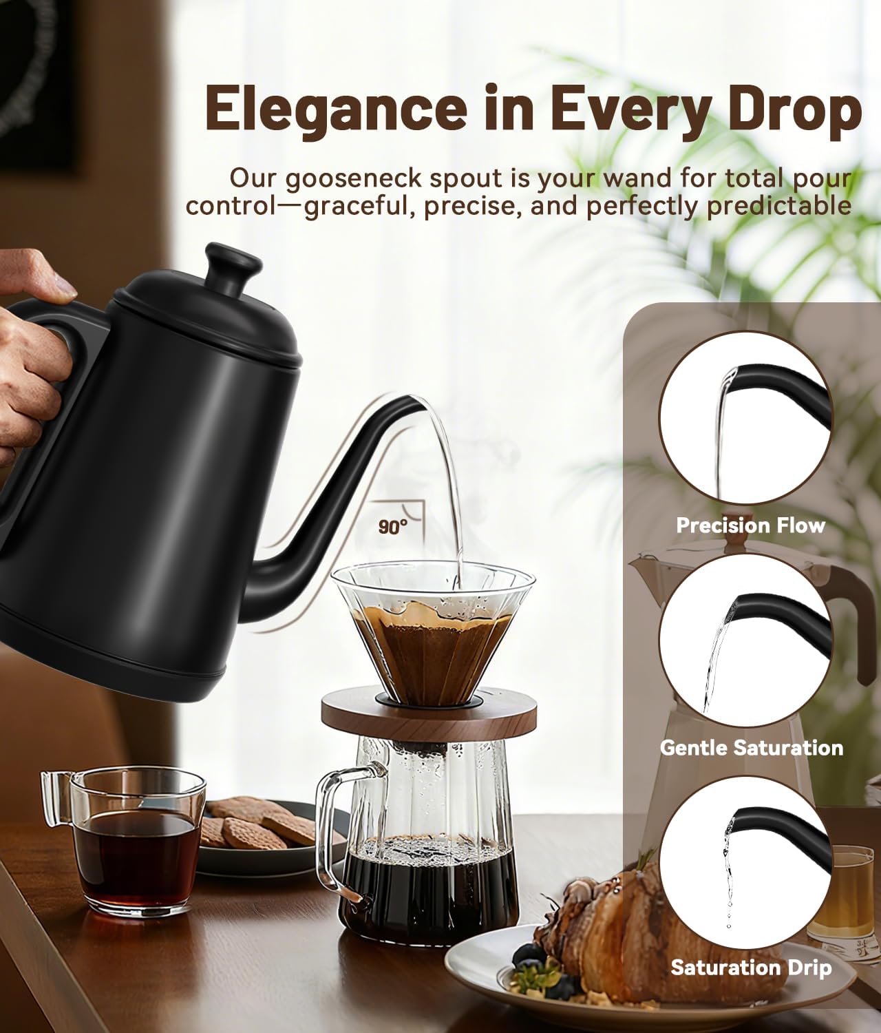 1L Gooseneck Electric Kettle for Pour Over Coffee & Tea | 1000W Fast Heating, Food-Grade Stainless Steel, Auto