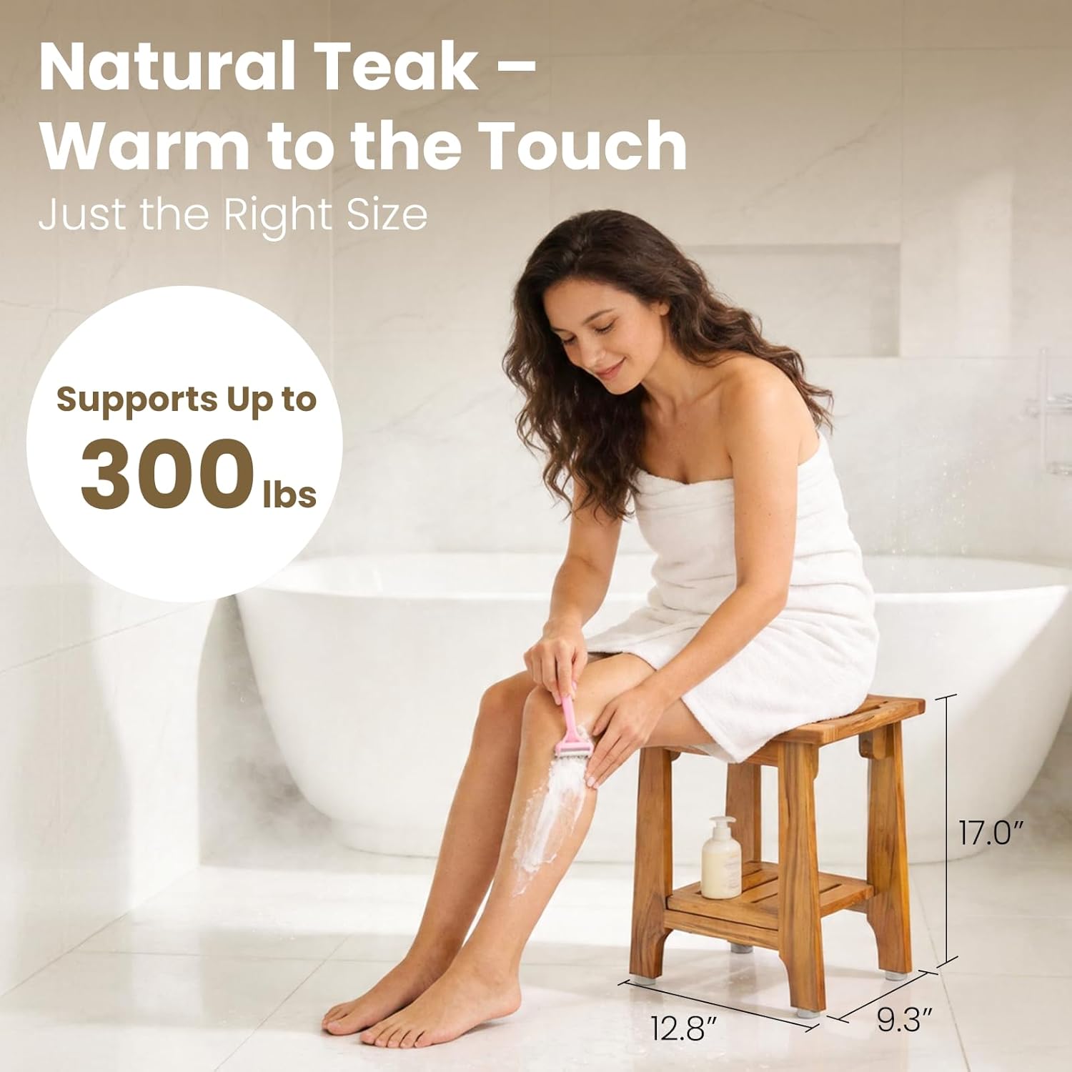 14" Compact Teak Shower Stool with Shelf & Handle - Waterproof, Non-Slip Bath Bench for Small Bathrooms/Tub/Outdoor