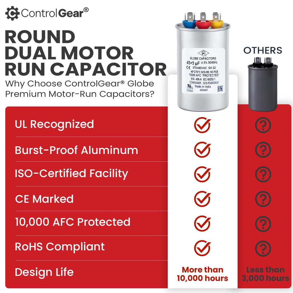 Globe Capacitor, Round Run Start, 45+5MFD CBB65 Dual Element, 370V/440V