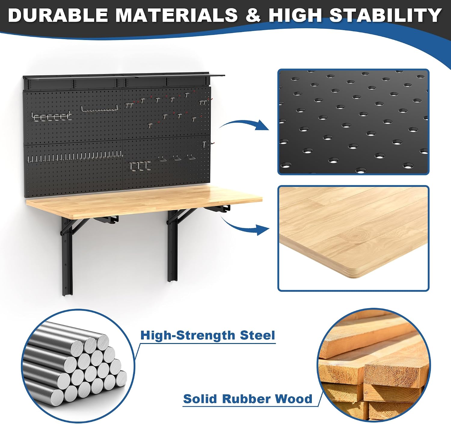 Wall Mounted Workbench with Pegboard, Folding Down Work Table | Metal Pegboard Wall Organizer for Garage Storage