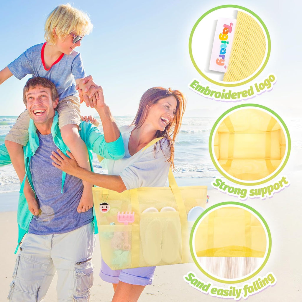Beach Toys for Kids and Mesh Beach Bag with Zipper, Large Beach Tote with 8 Pockets, Sand Toys Storage Pool Bag Beach