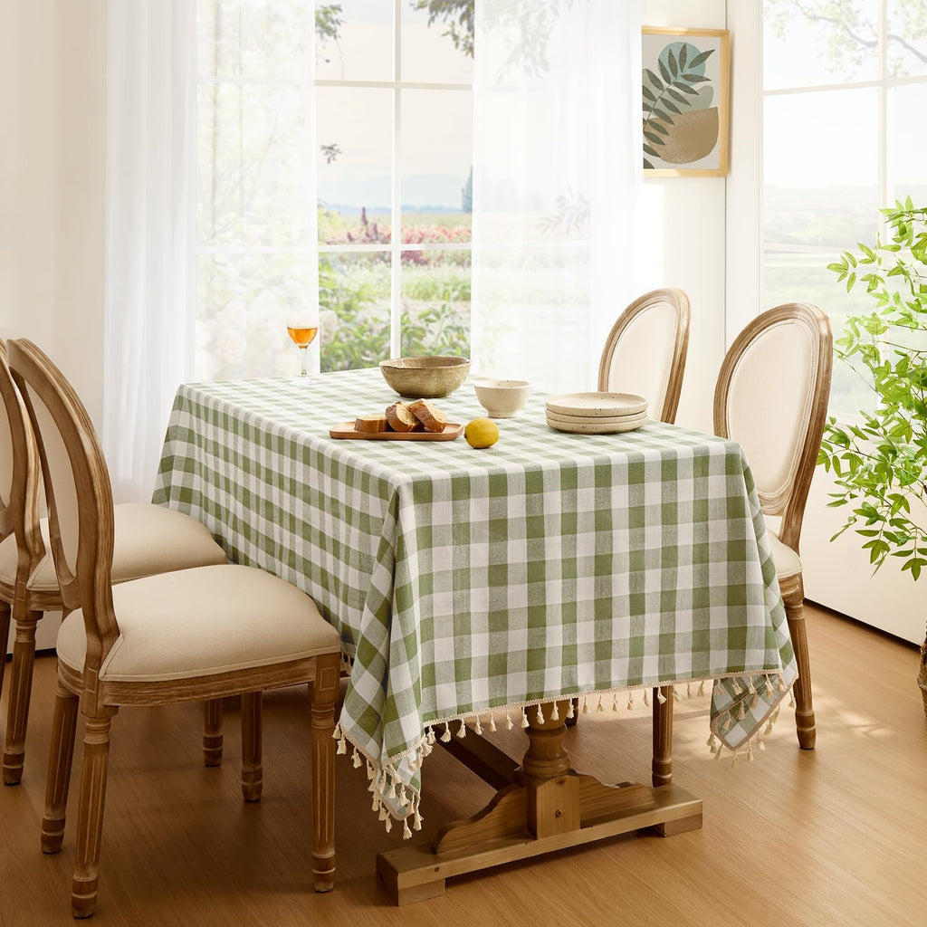 Gingham Rectangle Tablecloth with Tassel, Sage Green, 55" x 84"