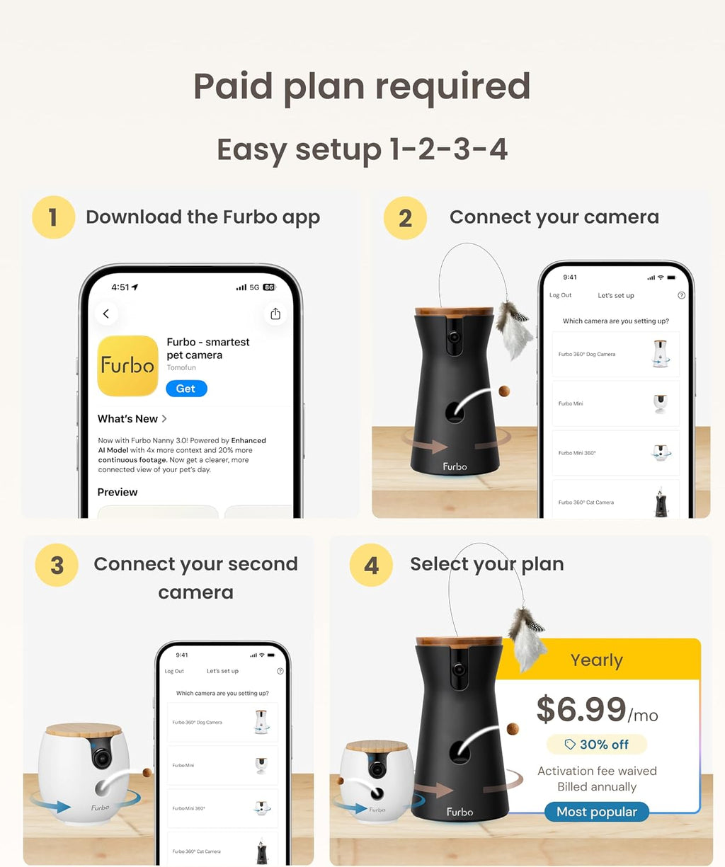 360° Cat Camera + Mini 360° Cam [New Subscription Required at Setup] 2-Camera Bundle Nanny Subscription: Cat Safety