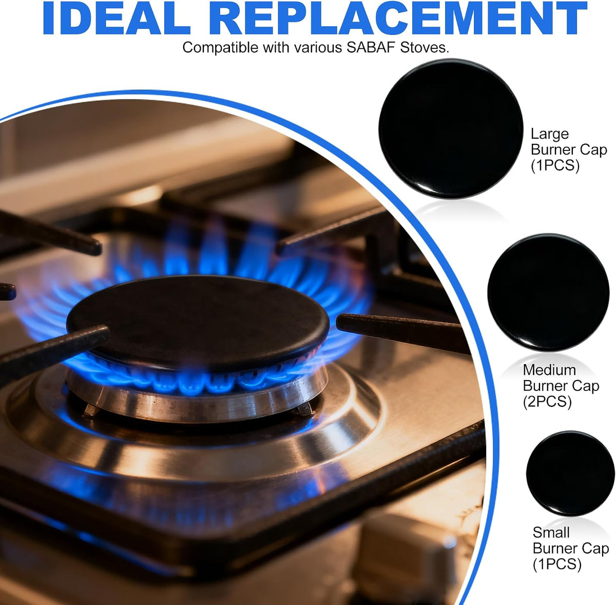 New Upgraded Gas Stove Burner Cap Set - 4pcs Burner Crown Flame Cap Cover Replacement Kit For SABAF Burners Stove,Includes 1 Large 2 Middle and 1 Small Cap,Shiny Black Surface(Flat)