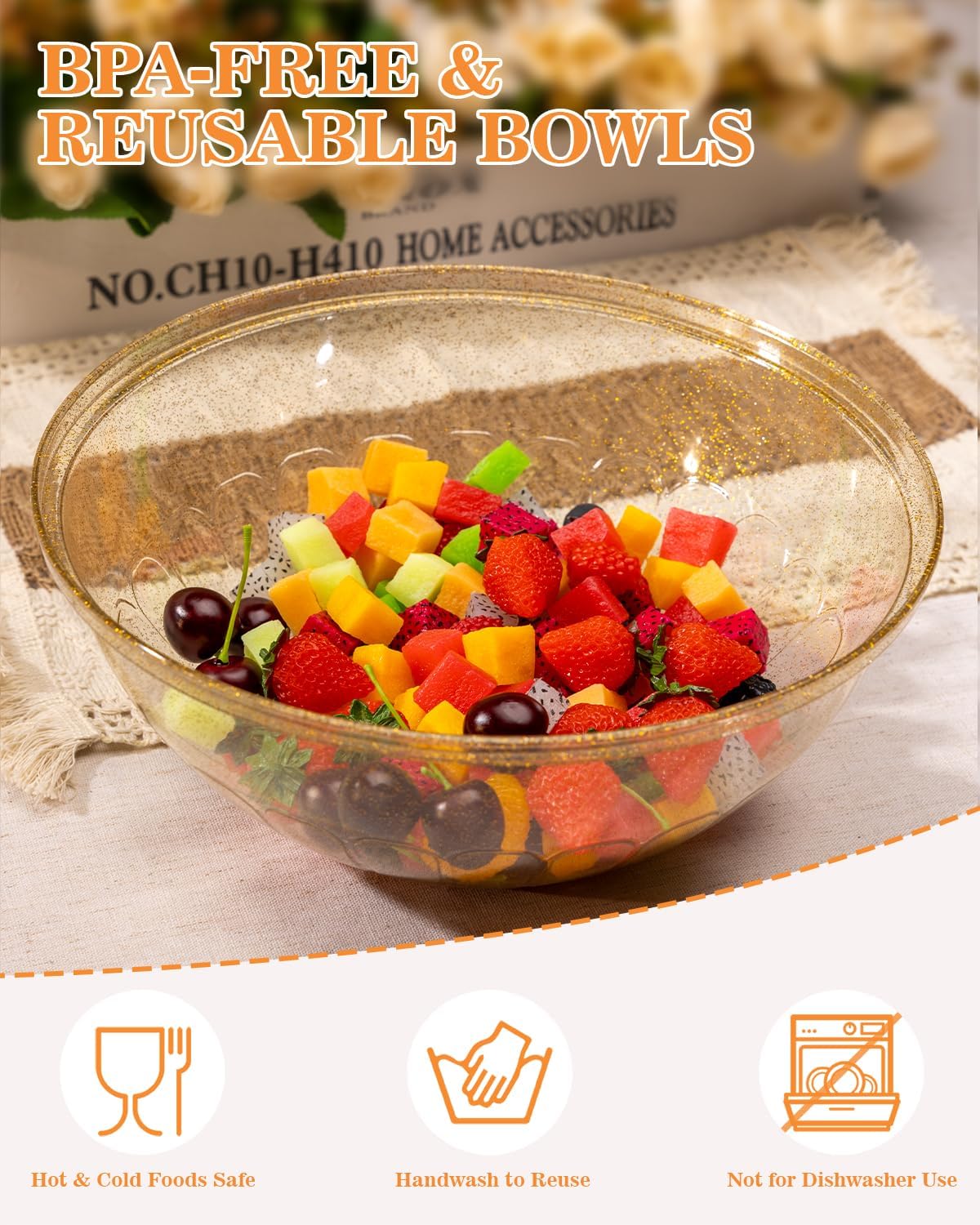 150 Oz Glitter Gold Plastic Serving Bowls, 4 Pack